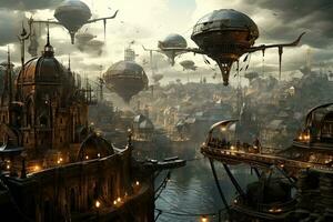 AI generated Fantasy cityscape with flying saucers. 3D rendering, AI Generated photo