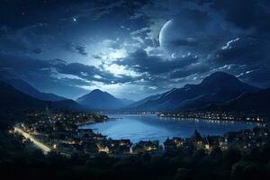 AI generated Landscape of Hallstatt in Austria at night with full moon, AI Generated photo