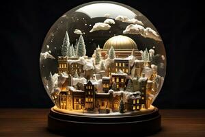 AI generated Snow globe with christmas town in the snow. 3D rendering, AI Generated photo