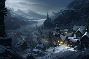 AI generated Winter village in the mountains. Fairytale scene. 3d render, AI Generated photo
