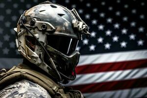 AI generated American soldier in helmet with american flag on background. Military concept, AI Generated photo