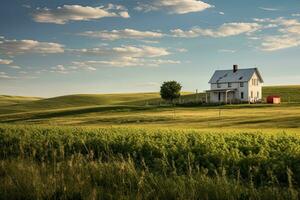 ai generado un antiguo abandonado granja casa en el medio de un verde campo, ai generado foto