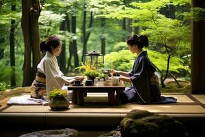 ai generado dos japonés mujer en kimono practicando té ceremonia en el jardín, ai generado foto