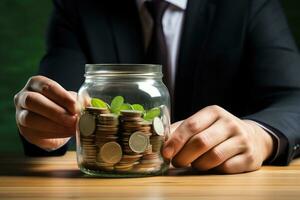 AI generated Businessman holding glass jar full of coins. Saving and investing concept, Businessman saving money in a glass jar, top section cropped, with no hand deformation, AI Generated photo