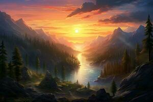 ai generado fantasía paisaje con montaña lago y bosque a puesta de sol. digital cuadro, ai generado foto