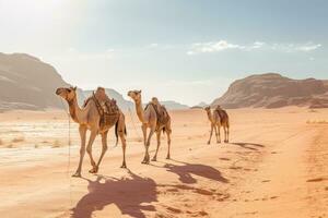 AI generated Camels in Wadi Rum desert, Jordan. Tourist attraction, Camels in Wadi Rum desert, Jordan, photographed on a summer day, AI Generated photo