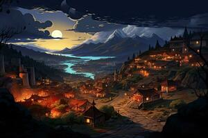 AI generated Fantasy landscape with old village by the lake - illustration for children, AI Generated photo