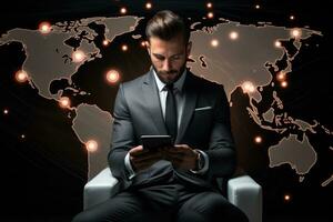 AI generated businessman in suit using smartphone and sitting in armchair with world map, Businessman engrossed in work with a mobile phone and world map displayed on a virtual screen, AI Generated photo