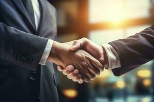 AI generated Business people shaking hands, finishing up a meeting. Handshake concept, businessman shaking hands with his partner after signing, AI Generated photo