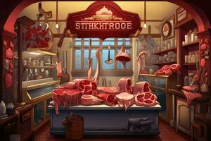 AI generated Butcher shop, Butcher shop, Showcasing a perfectly cut the steak in half within a vibrant butcher shop, AI Generated photo