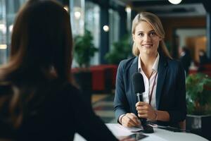 AI generated selective focus of journalist interviewing businesswoman in conference room at office, businesswoman giving interview to journalist in office, AI Generated photo