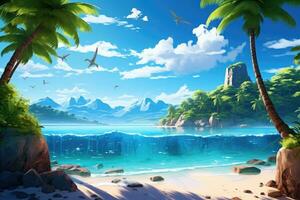 AI generated Tropical island with palm trees and seagulls, Beautiful tropical island landscape view on a sunny day, AI Generated photo