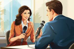 AI generated Journalist interviewing a woman in the news studio. Vector illustration, businesswoman giving interview to journalist in office, AI Generated photo