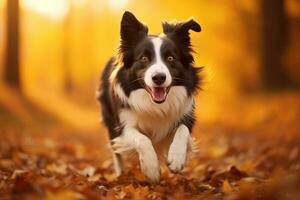 ai generado frontera collie perro corriendo en otoño bosque. imagen con superficial profundidad de campo, frontera collie perro corriendo en el otoño prado, mascota animales disfrutando el al aire libre, ai generado foto