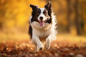 AI generated Border collie dog running in an autumn park. Fall season, Border collie dog running in the autumn meadow, Pet animals enjoying the outdoors, AI Generated photo