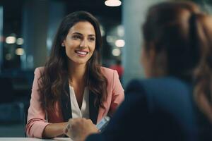 ai generado sonriente mujer de negocios sentado a mesa en oficina y hablando a colega, mujer de negocios dando entrevista a periodista en oficina, ai generado foto