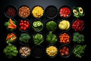 AI generated Vegetables and superfoods in bowls on a black background, Bowls of healthy food arranged on a black background, emphasizing a healthy eating concept, AI Generated photo