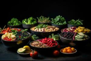 AI generated Healthy food selection in black bowls over black background. Top view, Bowls of healthy food arranged on a black background, emphasizing a healthy eating concept, AI Generated photo