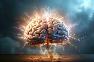 AI generated Human brain with thunderstorm lightning in the background. 3D illustration, Brainstorming concept illustrated with a 3D rendering of a human brain accompanied by lightning, AI Generated photo