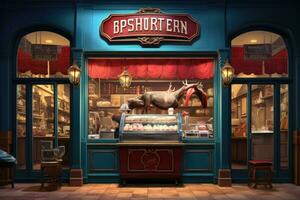 AI generated Illustration of a meat shop in the style of a cartoon, Butcher shop, Showcasing a perfectly cut the steak in half within a vibrant butcher shop, AI Generated photo