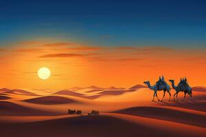 AI generated Camel caravan in the desert at sunset. 3D rendering, Camelcade on sand dune at desert, AI Generated photo