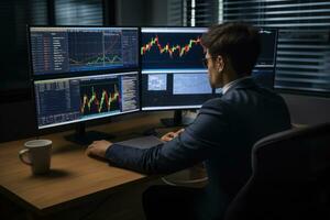 AI generated Side view of hacker using computer at table in dark room with monitors, businessman stock financial specialist trader broker working with monitor screen with stock chart, AI Generated photo