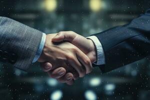 AI generated Close up of business people shaking hands on blurred background. Partnership concept, Businessmen making handshake with partner, AI Generated photo