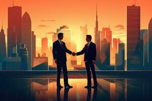 AI generated businessmen shaking hands on the background of the modern city, vector illustration, Businessmen making handshake with partner, AI Generated photo