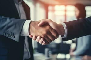 AI generated Close up of business people shaking hands in office. Handshake concept, Businessmen making handshake with partner, AI Generated photo