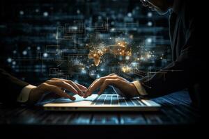 AI generated Businessman working on laptop with network hologram. 3D rendering, businessman hand working with new modern computer and business strategy as concept, AI Generated photo