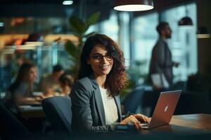 AI generated Portrait of a young businesswoman using laptop while sitting in office, Businesswoman vide chatting with coworkers at computer in office, AI Generated photo