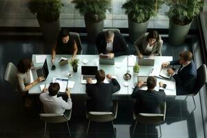 AI generated Group of business people working together in modern office, view from above, Business people working in office, top view, AI Generated photo