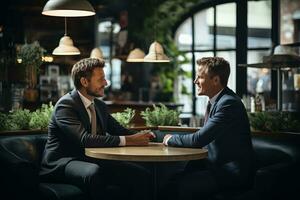 ai generado dos empresarios sacudida manos en un cafetería. dos empresarios hablando en un cafetería, empresario consultante cliente en cafetería, ai generado foto