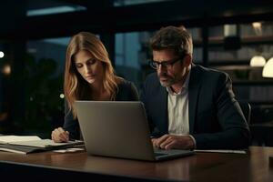 AI generated Businessman and businesswoman working on laptop at night in office, Businessman and businesswoman working together with laptop in office, AI Generated photo