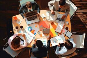 AI generated Top view of business people sitting and discussing at meeting table in office, Business people working in office, top view, AI Generated photo