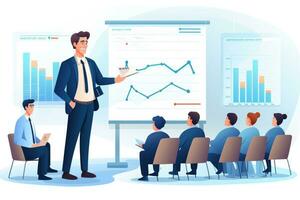 AI generated Business Conference and Presentation. Vector Illustration for Your Business Project, Business presentation, man and leadership with seminar and analytics of a worker, AI Generated photo