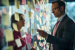 ai generado empresario y mujer de negocios analizando pegajoso notas en vaso pared en oficina, negocio personas leyendo adhesivo notas en oficina, ai generado foto