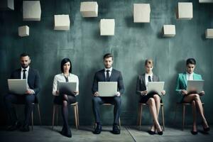 AI generated Group of business people waiting for job interview in office. Recruitment concept, business people sitting on the chairs in a row with resumes and laptops in their hands, AI Generated photo