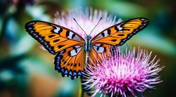 AI generated colorful butterfly on a flower, abstract colored butterfly on abstyract colored background, colorful backgrounnd wallpaper, abstract colored butterfly on colored leaf photo