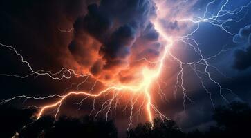 ai generado relámpago en el cielo, relámpago en el noche, fantástico relámpago escena en el noche, Tormentoso día, relámpago fondo, tormenta en el oscuro foto