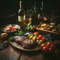 AI generated A photo of delicious food item like meat piece with fruits and drinks on table Generative AI