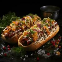 AI generated A photo of Crispy hotdog in tray on table dark view Generative AI