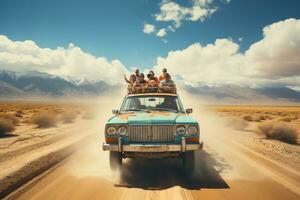 ai generado puesta de sol la carretera viaje con amigos en realista foto nuevo y moderno coche generativo ai