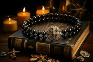 AI generated Candlelit Night Scene Realistic Image of Holy Book Religious Bracelet and Candles on Table Generative AI photo