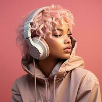 AI generated Pink Suit Woman with White Hair in New Headphone Image Generative AI photo