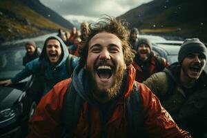 ai generado realista imagen de amigos sonriente en puesta de sol la carretera viaje con nuevo y moderno coche generativo ai foto