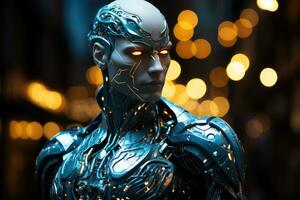 AI generated Night View Image of Female Cyborg Statue Illuminated in Blue with Bokeh Generative AI photo