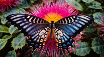 ai generado vistoso mariposa en un flor, resumen de colores mariposa en abstraer de colores fondo, vistoso fondo fondo de pantalla, resumen de colores mariposa en de colores hoja foto