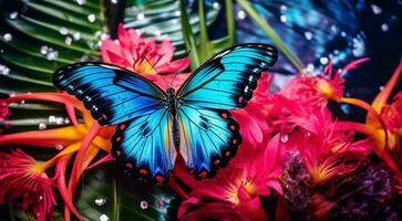AI generated colorful butterfly on a flower, abstract colored butterfly on abstyract colored background, colorful backgrounnd wallpaper, abstract colored butterfly on colored leaf photo