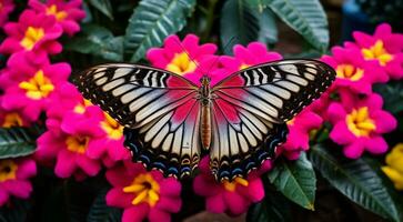 ai generado vistoso mariposa en un flor, resumen de colores mariposa en abstraer de colores fondo, vistoso fondo fondo de pantalla, resumen de colores mariposa en de colores hoja foto